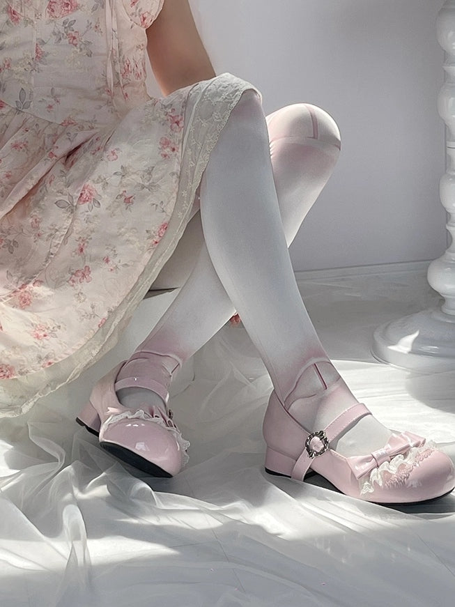 - Pink Lace Light Trim Janes Bow Mary Toe Embellishments with Sweet Round Lolita Low-heel Design