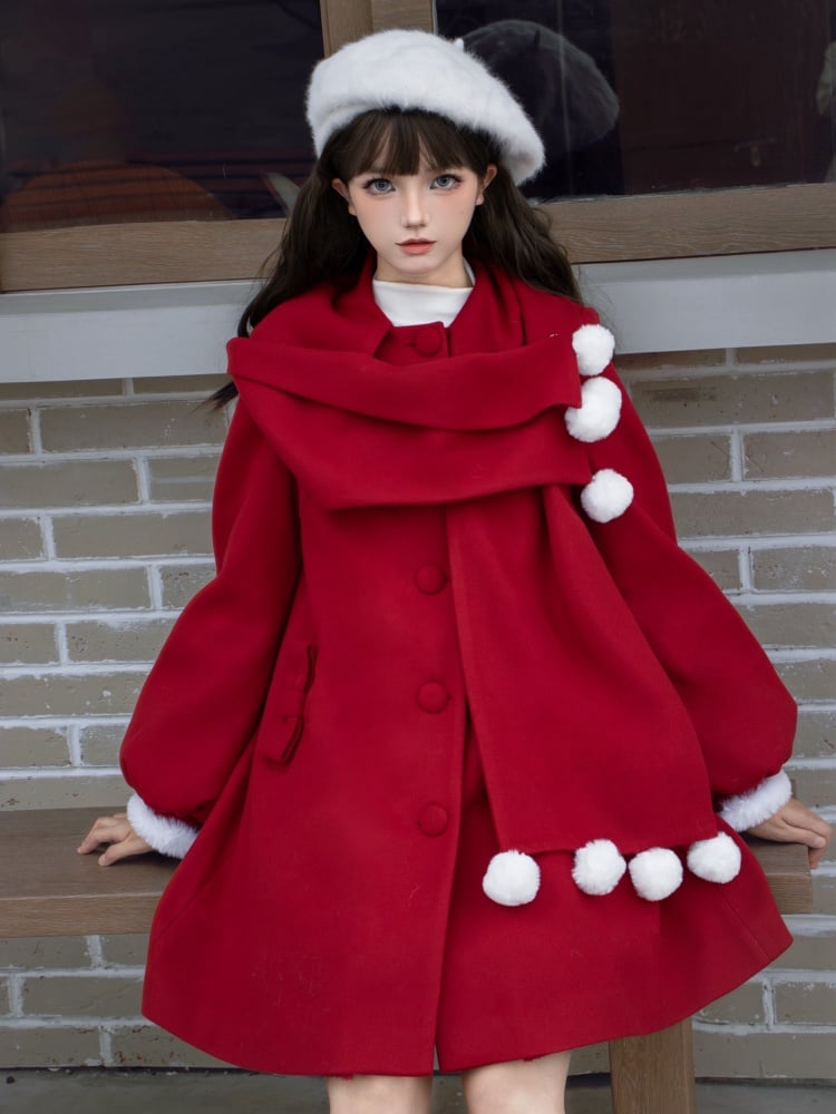 Pompoms Schal Kragen Rot Neue Jahr Outfit Wollmantel Plüsch Trim Manschetten
