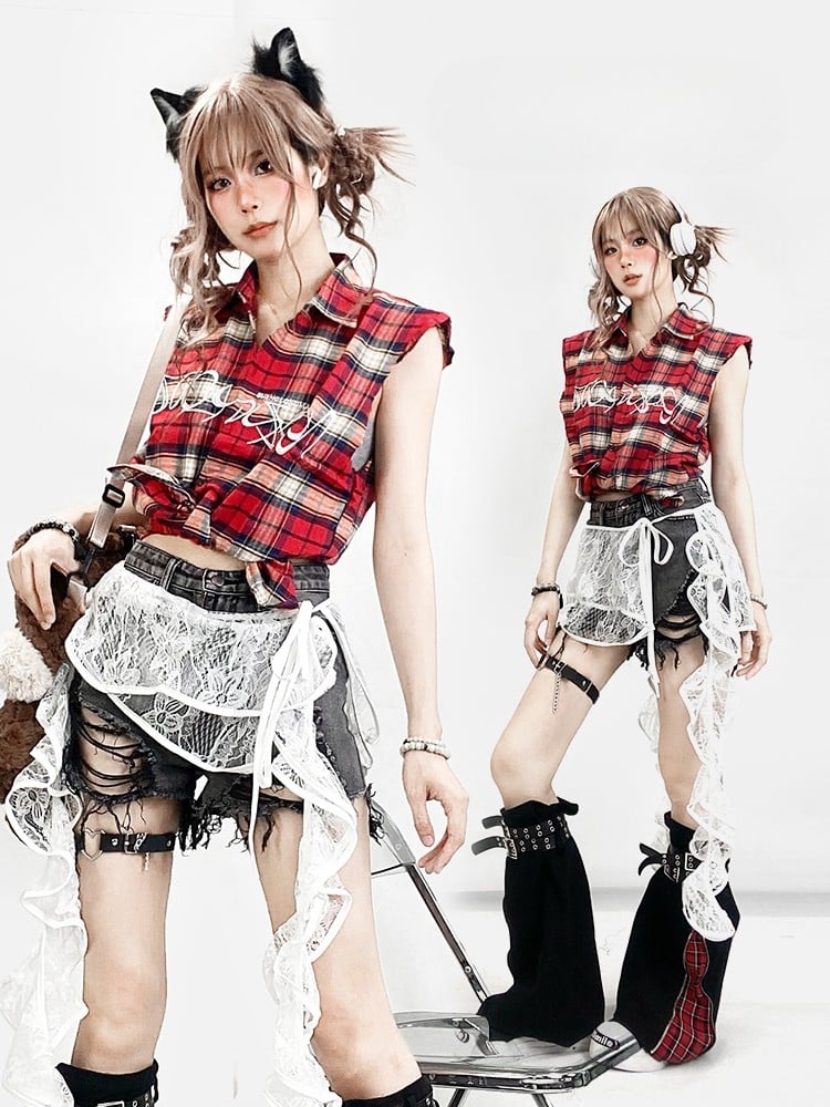 Letter Sleeveless Pattern Red Shirt Plaid Embroidery Y2K