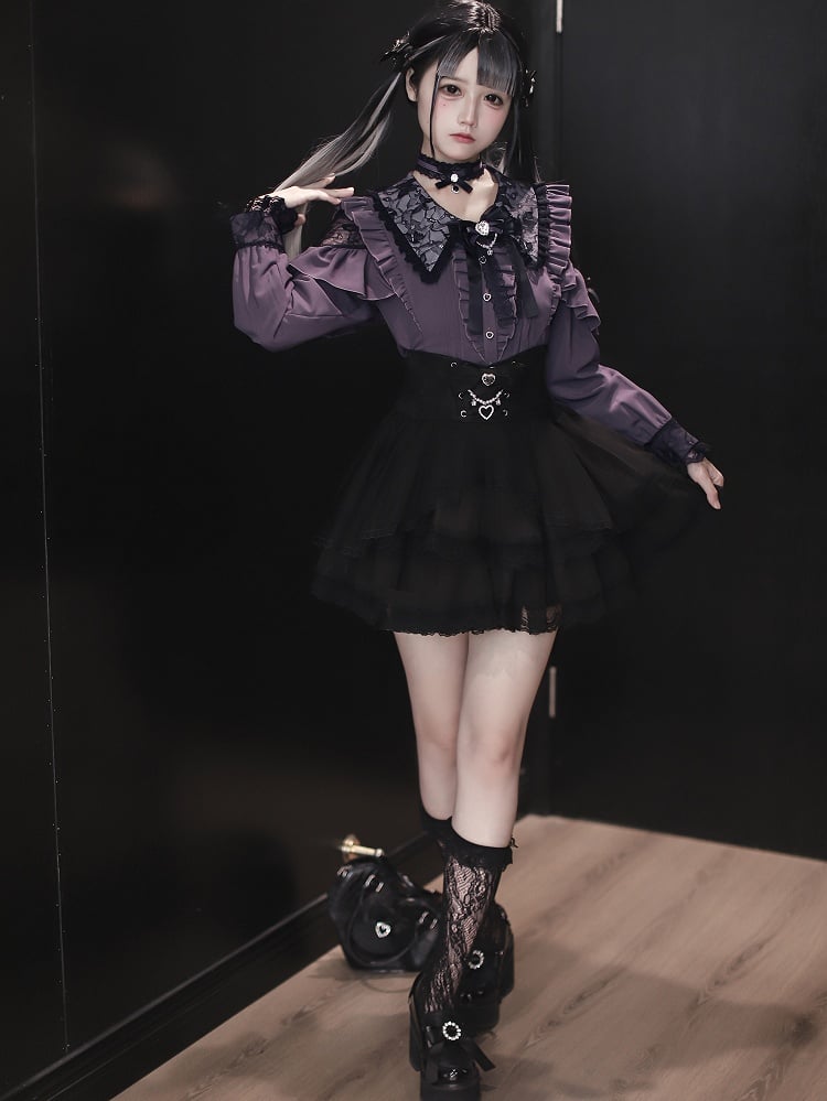 Kei Collar Gothic Black and Style Pointed Blouse: Dark Purple Cutouts with Royal Lace Jirai