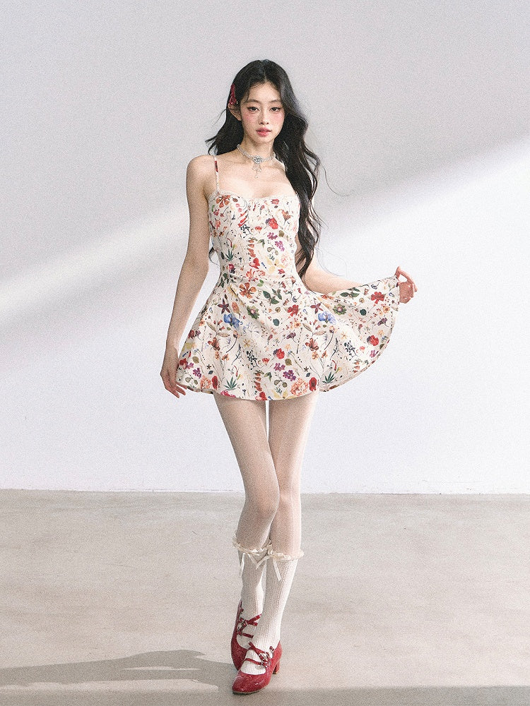 Beige Floral Print Holiday Cami Dress Long/Short Version