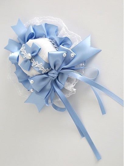 Blau-weiße Clips, Lolita-Dekordetails, süße Spitze, Perlen-Mini mit Hut und Schleife
