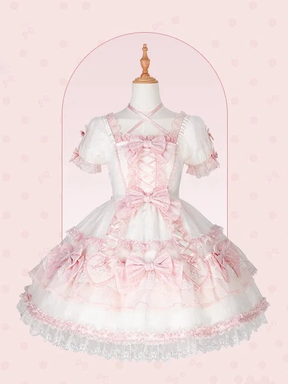Heart White Lolita Sweet Applique Bunny and Embroidery Accents Dress Pink Bow
