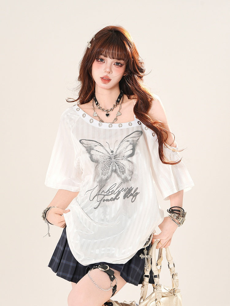 Gestreiftes T-Shirt Asymmetrischer Ausschnitt Schmetterlingsdruck Schwarz/Weiß