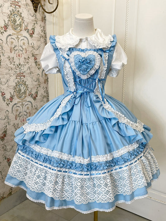 Blaues Mieder mit Herz, abnehmbar, gepolstert, Schulkleid, alter Lolita-Pulloverrock