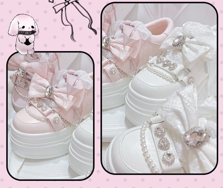 Platform Bow Jirai Top Chains Detail,Rhinestones Chunky Sneakers White Kei Beaded