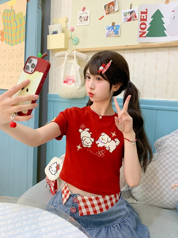 Red Round Neck Adorable Puppy Embroidery Cropped T-Shirt