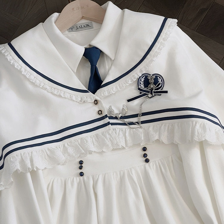 White and Blue Lace Trim Sailor Collar Cloak