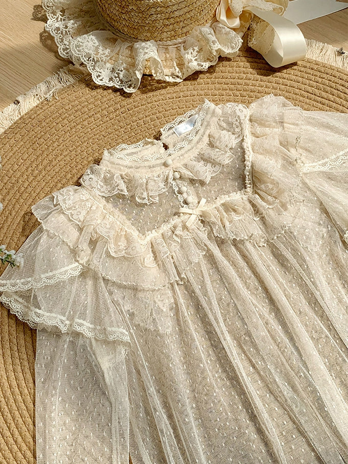 Long Tulle Sheer Top Lace Beige Sleeves Dots