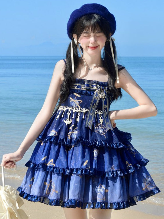 Navy Blue Celestial Globe &Starry Empire Waist Lolita Jumper Skirt