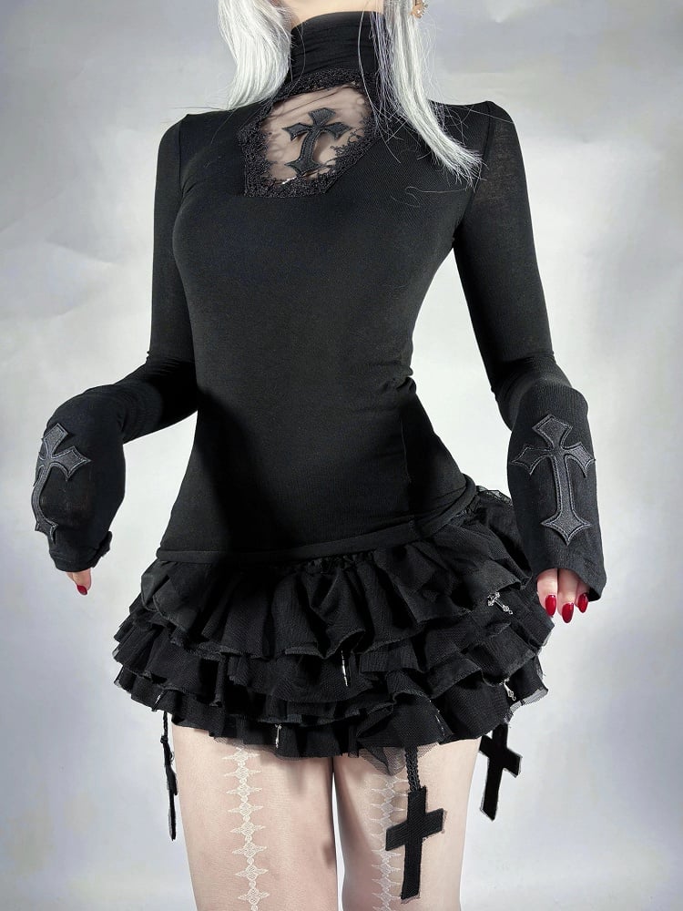 Gothic Schwarzer Sarg Cutout Kreuze Verziert Hochgeschlossenes Langarm Top