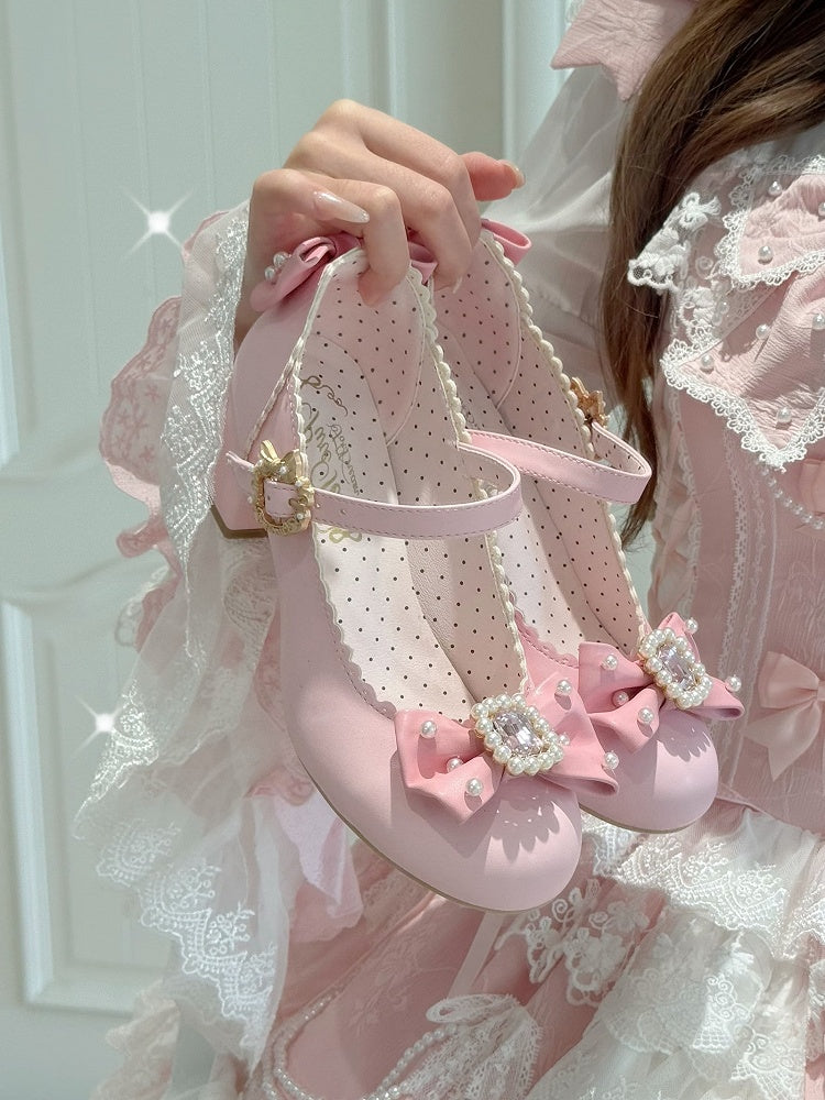 Schuhe Janes Bowknot Strass verziert und rund Mary Lolita Details Perlen Zehen rosa