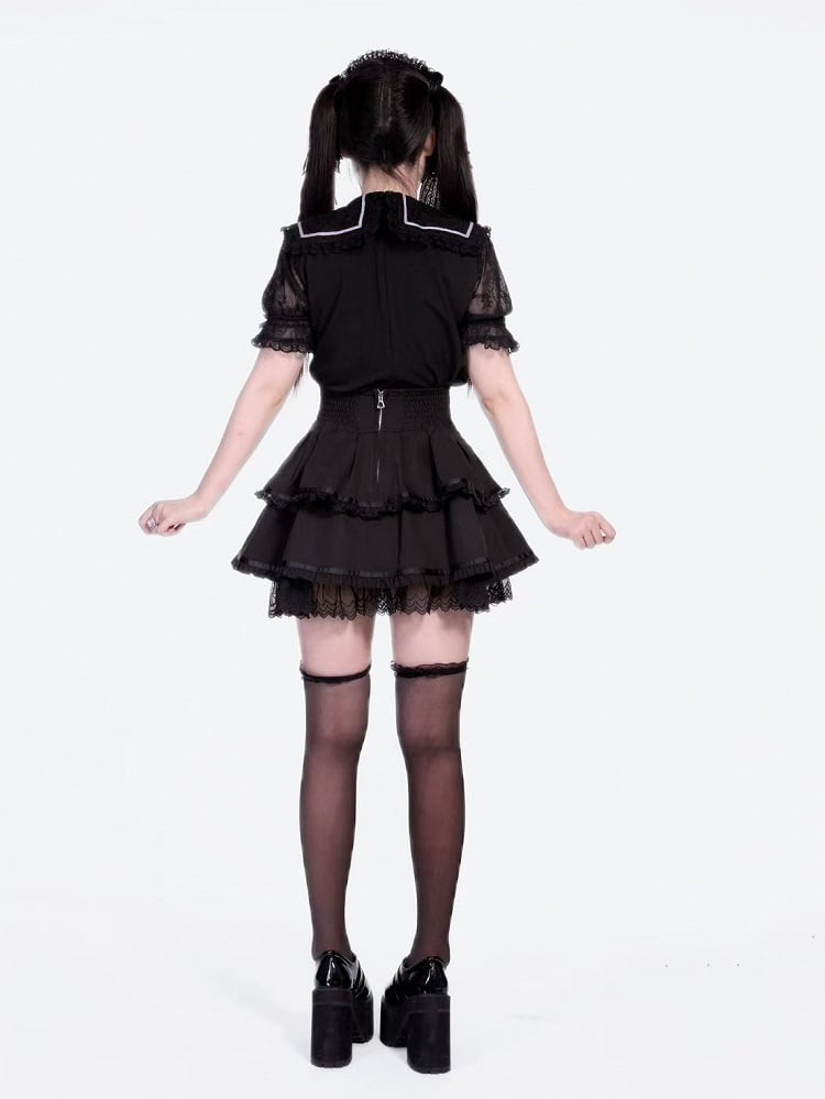 Schwarze Kei-Kragenbluse mit Schleife und Jirai