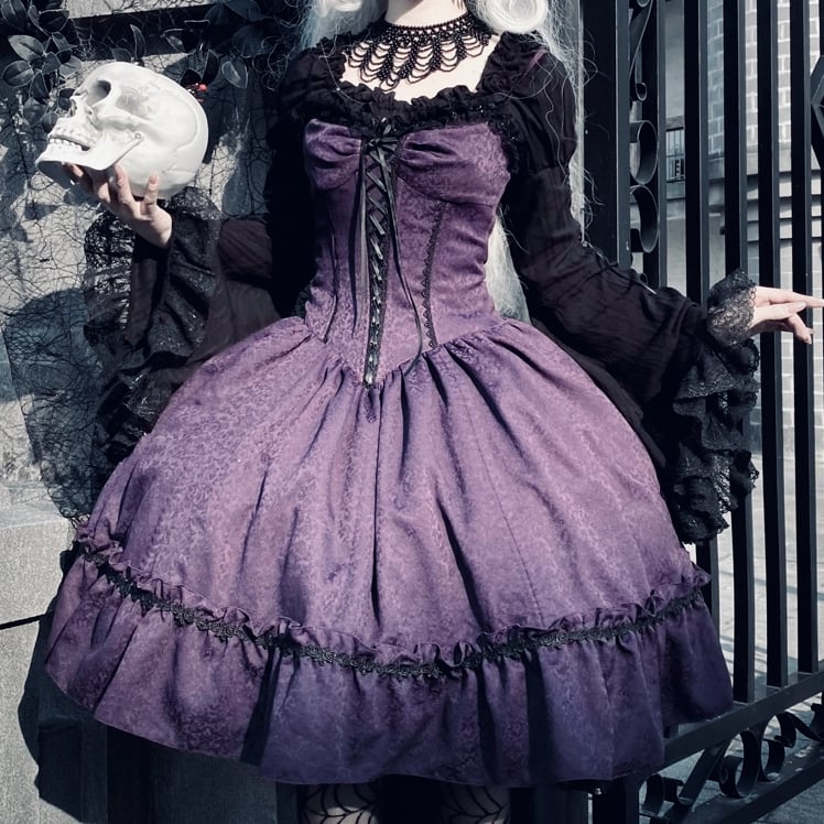 Gothic Purple Dress Straps Jumper Waist Spaghetti Skirt Corset Lolita
