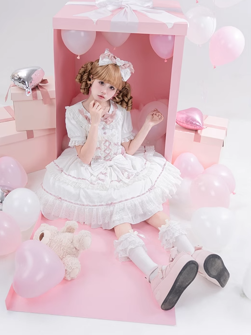 Hime Pink and Peter Pan Collar Tiered Skirt Balletcore Lolita Dress White OP