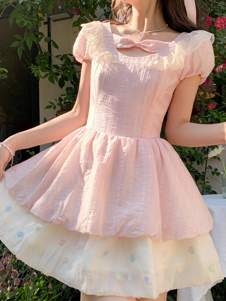 Pink Bowknot Detail Neckline Tiered Skirt Hem Sweet Dress Colorful Polka Dot
