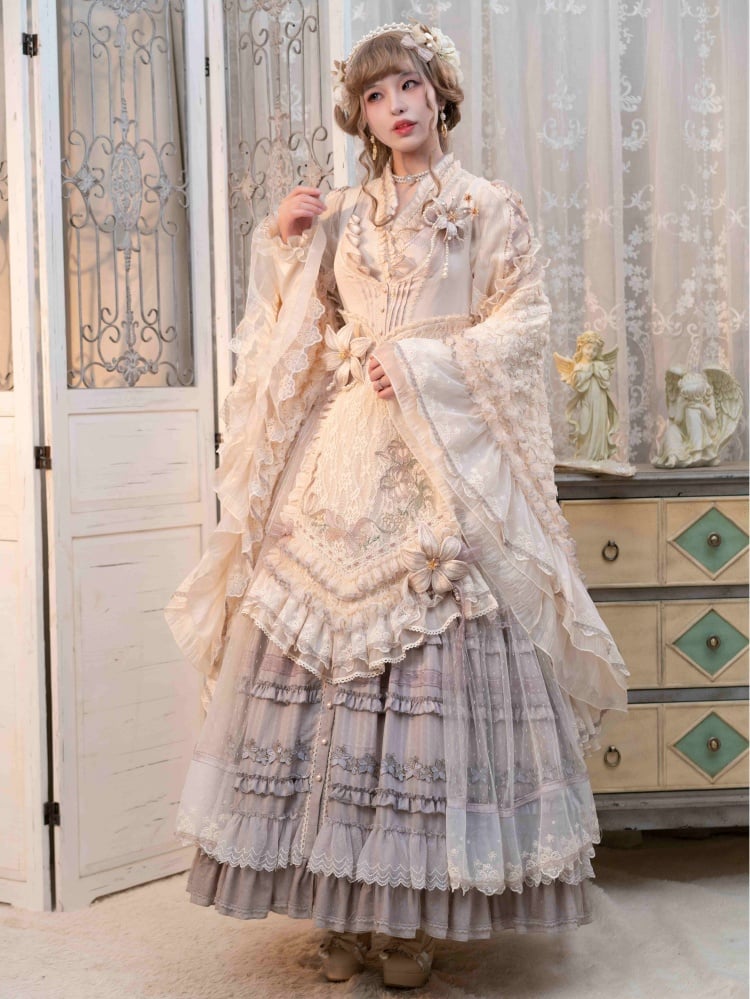 Ensemble complet Lolita JSK classique élégant avec patte de boutonnage sur le devant violette et broderie de lys, rose, mode maison