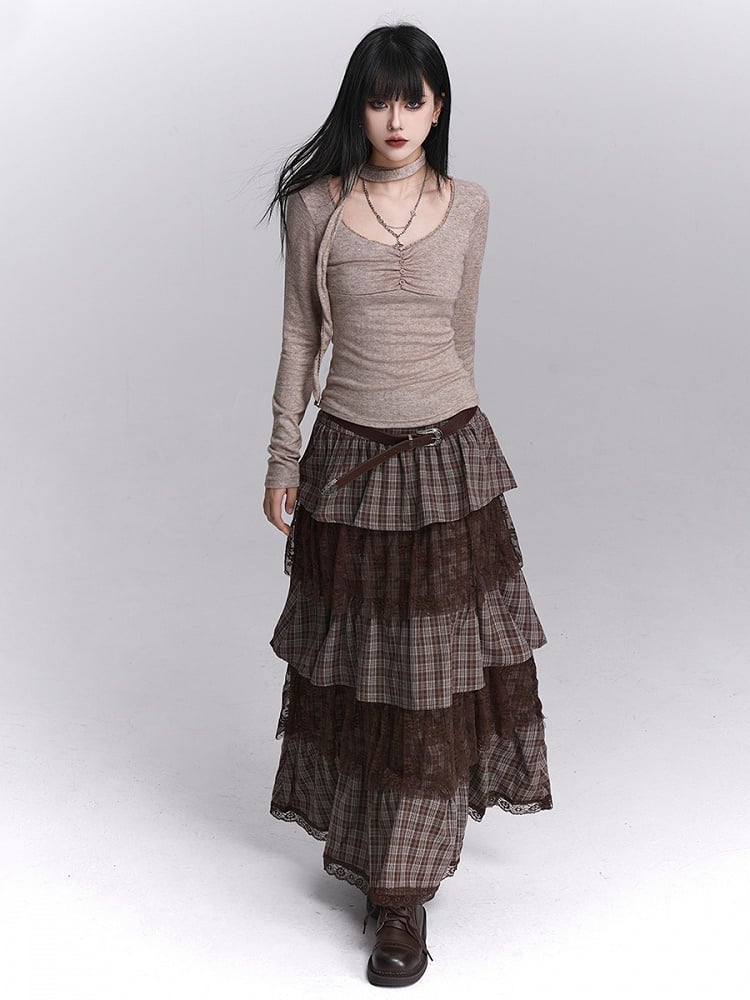 Side Lace Skirt Layers with Zipper Tiered Maxi Coffee Plaid