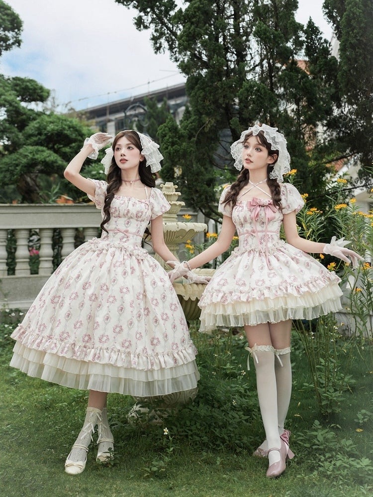 Full Version Rosette Short Classic Square Set Lolita Elastic Neckline OP Print