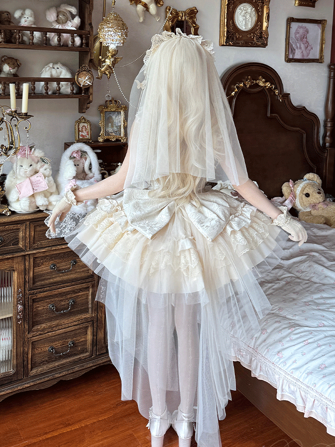 Puffy Dress Fabric with Boned Basque Waist Jacquard Beige JSK Big Hime Lolita Balletcore Bow Train