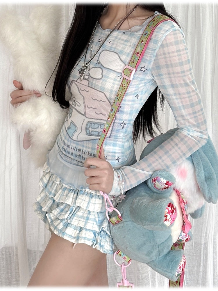 Tiered Ruffles Skort House Print Faux Two-Pieces Top/Modal Blue Plaid Pattern