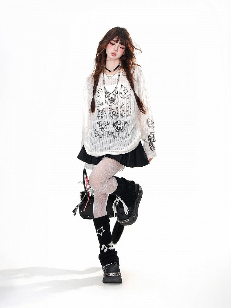 Neck Puppy Round Semi-sheer Top and Kitty Print Loose Black/Beige