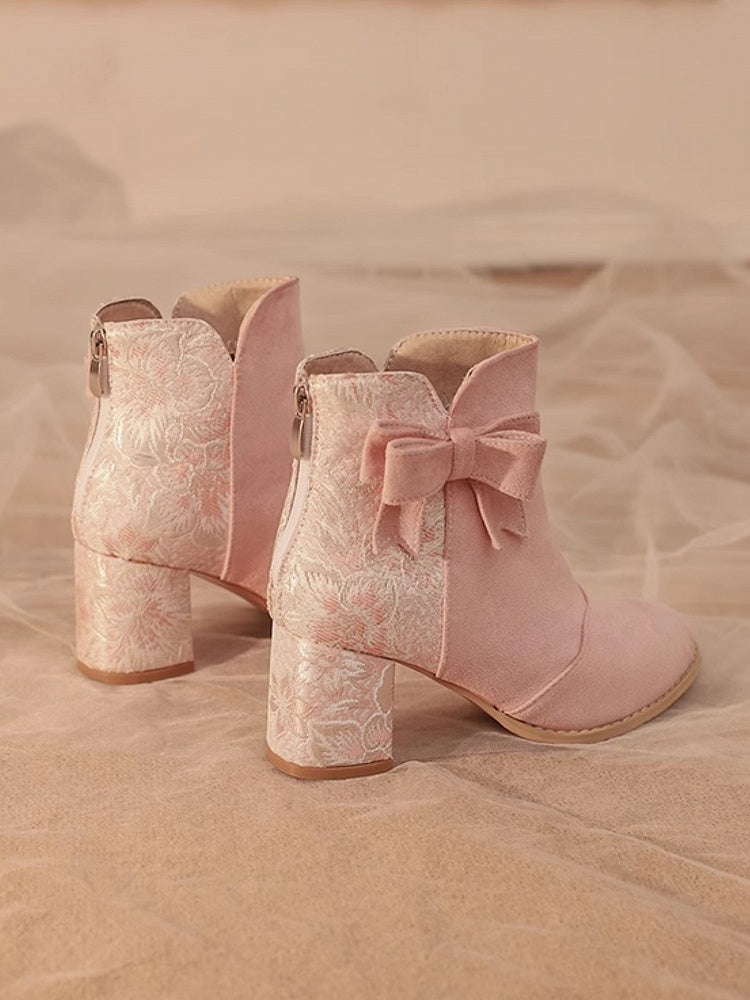 Absatzversion Normal/Dicke Lolita mit Schleife Stiefel Qi Block Akzent Satin Kombination und Wildleder