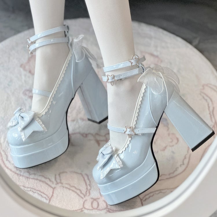 Sweet Blue Lolita Bow Polished Heels Top Platform 11CM at High