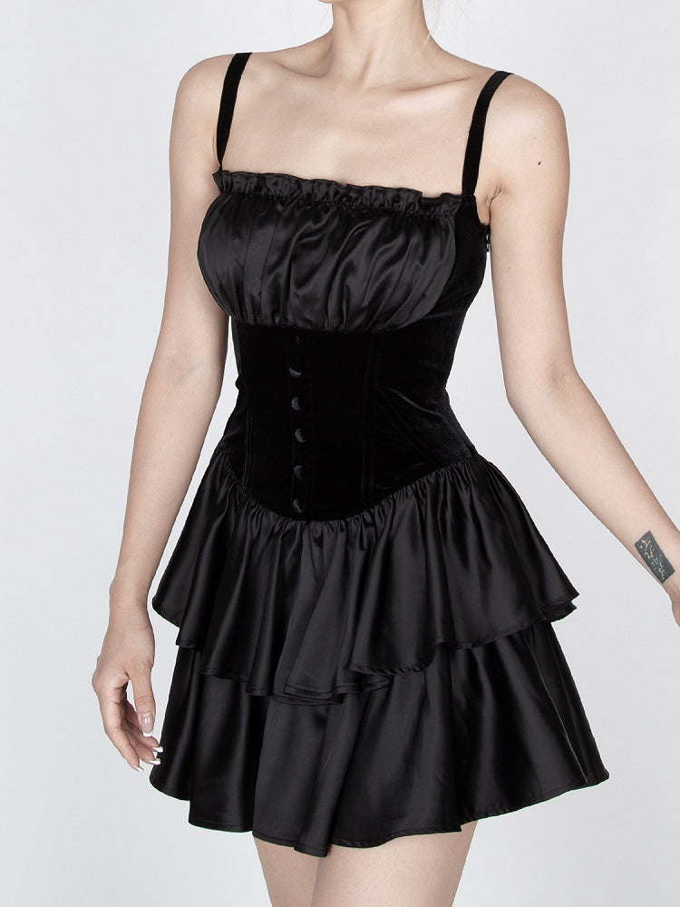 Gothic Black Tiered Skirt Vintage Cami Dress