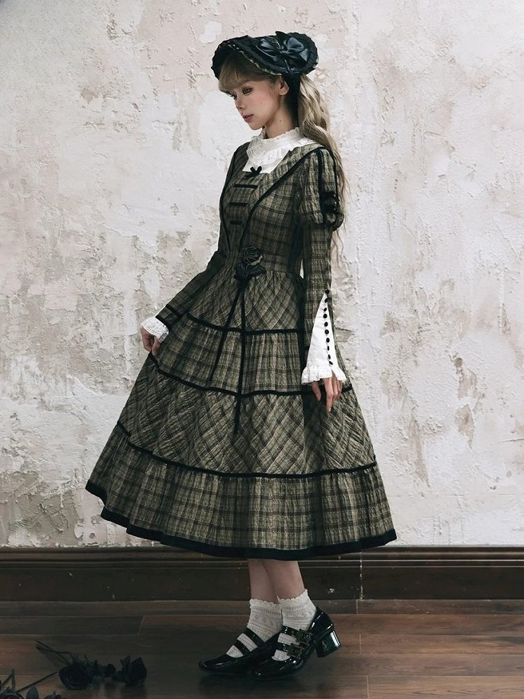 with Sleeves Elegant Classic Plaid Dress and Black Long Neckline Green Piping Lace Lolita