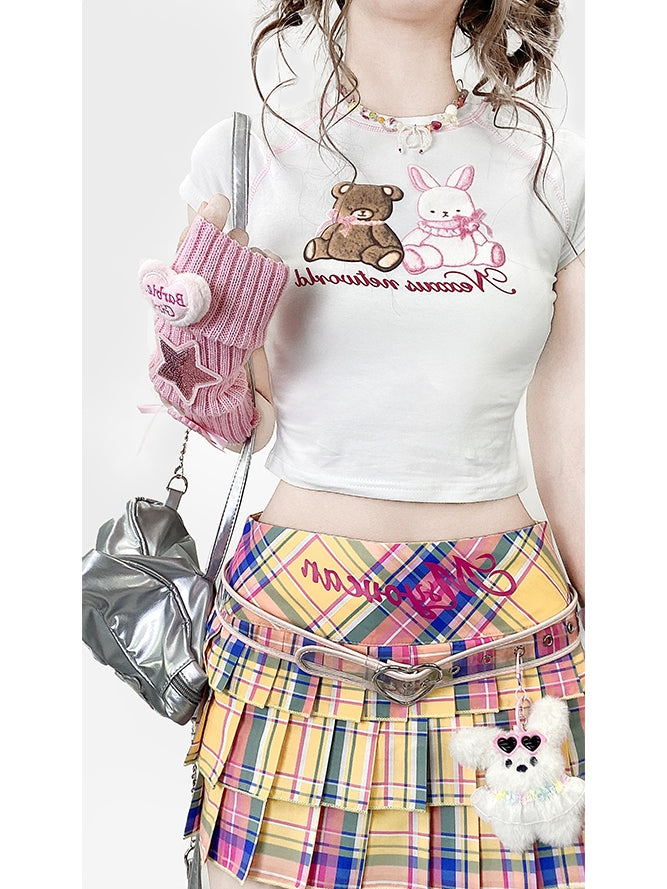 ベアホワイトY2KTシャツとレタープリントバニー