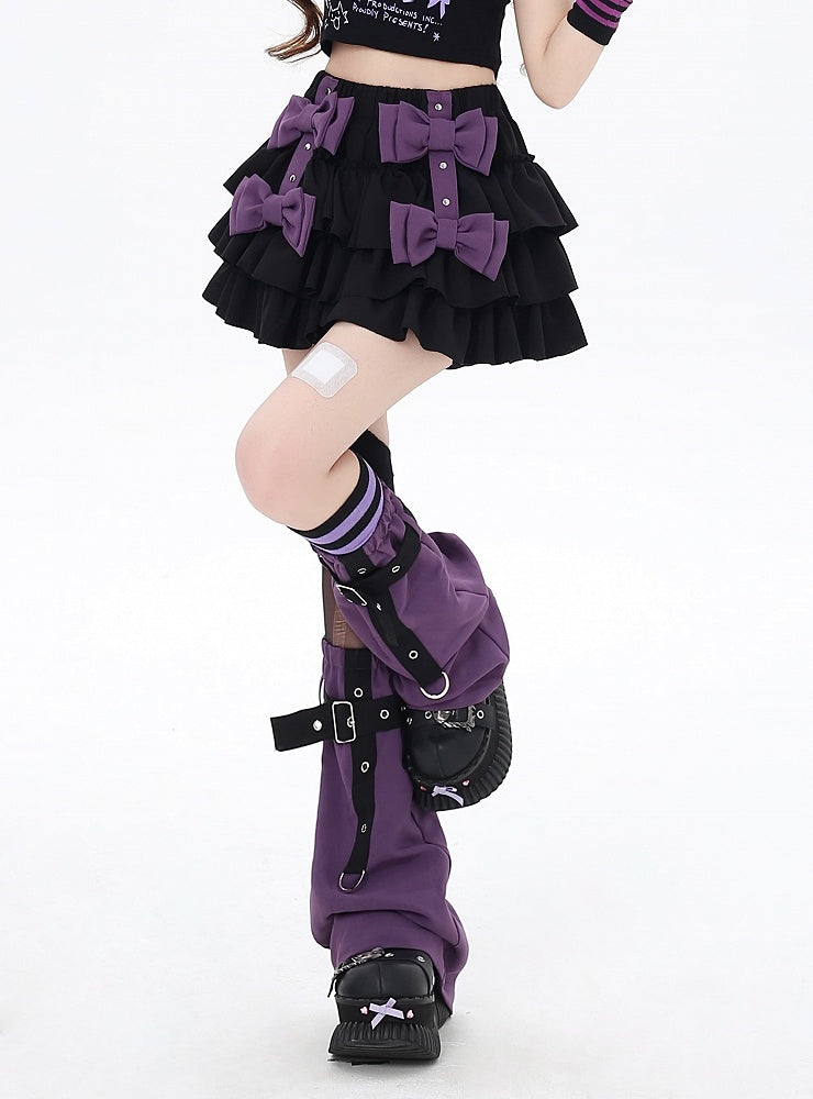 Purple Lined Leg Warmers Tiered Skirt with Criss-cross Bowknots Strap Black