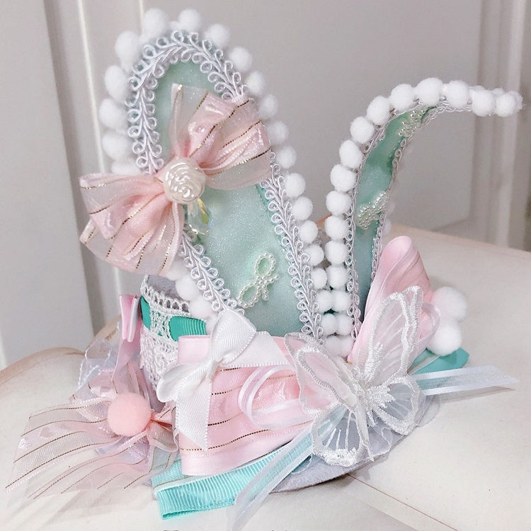 Hut Mini Lolita Bunny GrünRosa Ohren Schmetterling Details Verziert Süße Schleife
