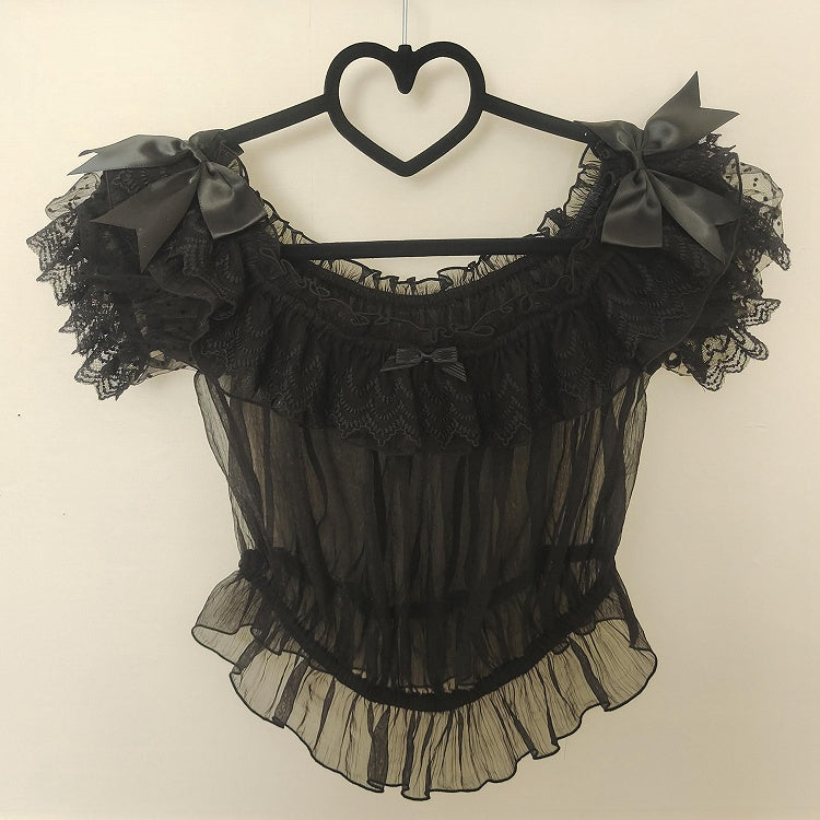 Black Elastic Off-the-shoulder Neckline Short Sleeves Sheer Blouse