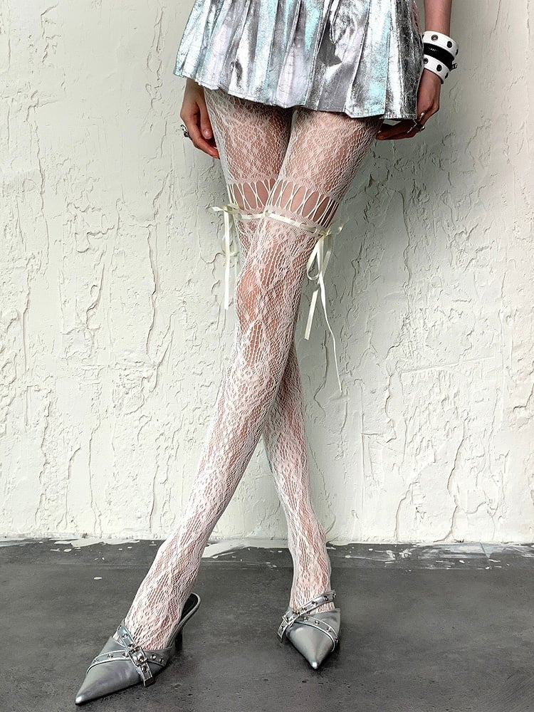 Straps Tights Y2K Design Self-tie Hollow-out White