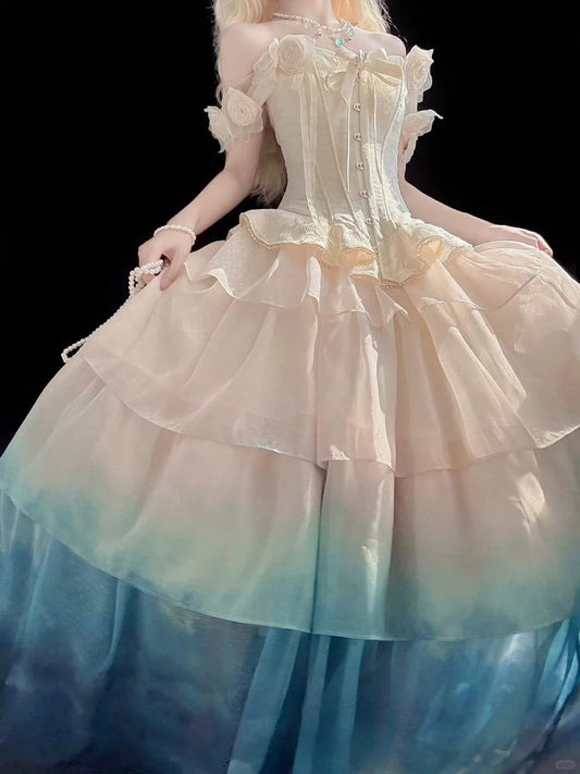 with Gradient Top Beige Floral-Embellished Off-Shoulder Corset Skirt Tiered