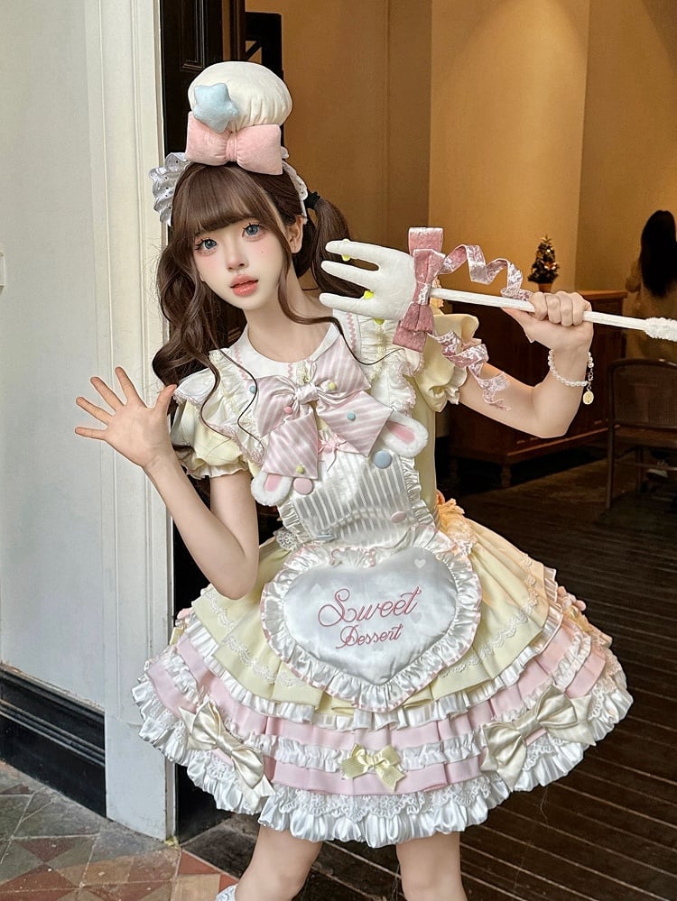 Theme Pink Yellow and Sleeves Puff Lolita Maid Sweet Bunny Dress