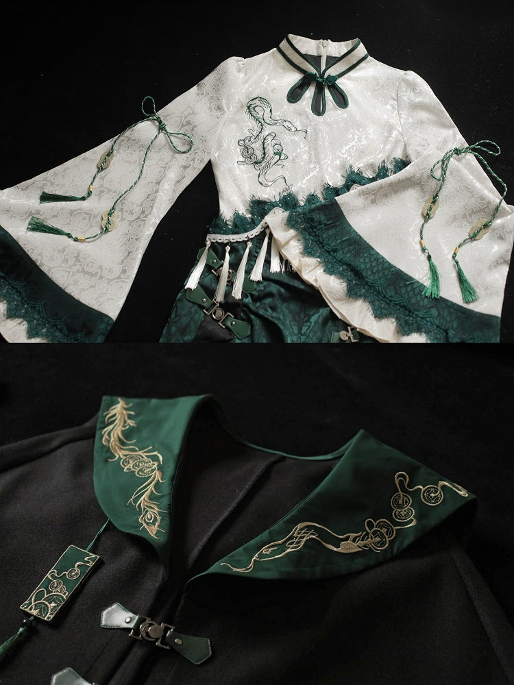 Slythern Grüne Volantärmel Cheongsam-Stil Goth Schlangenschuppenmuster Qipao-Kleid Kurz-/Langversion