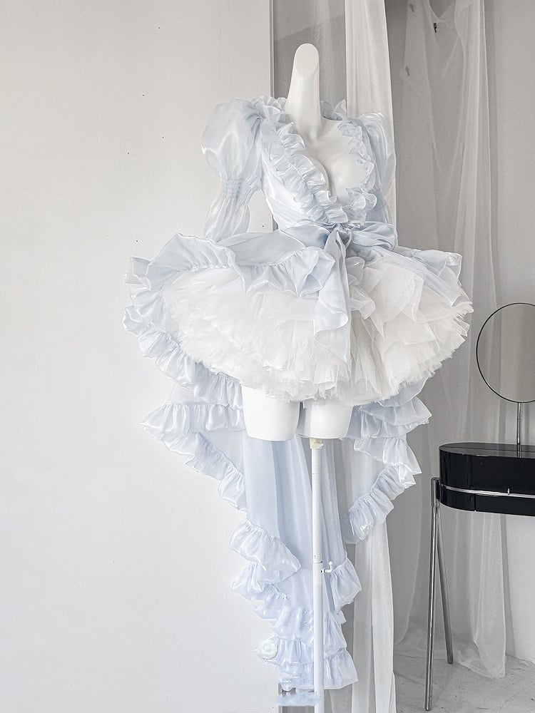 Ruffles Long Top Sleeves Sheer Cascading Hem Blue