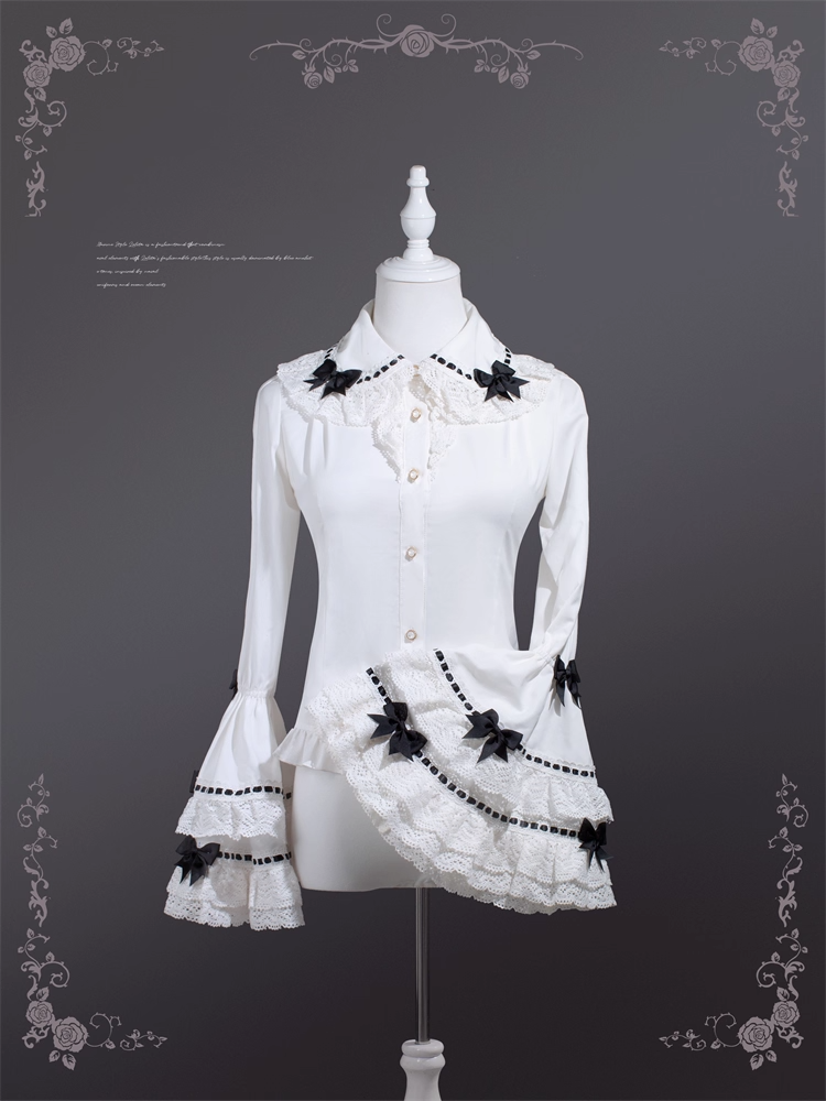 Decoration Black Bowknots White Peter Pan Collar Bell Sleeves Blouse