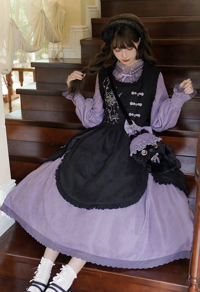 Lilafarbenes Han Lolita-Kleid mit gekreuztem Ausschnitt und Kordelzug