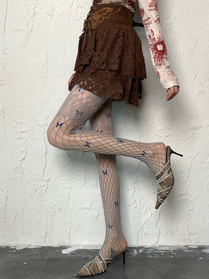 Fishnet Gray Design Cut-out Tights Y2K