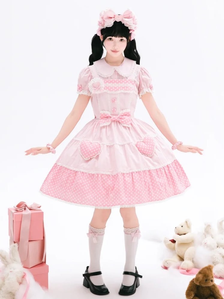 Cotton Old Polka Pink Dots School Dress Lolita White