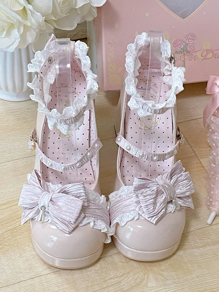 Nude Lolita Lace - Trim Pink Sweet High Block Heels
