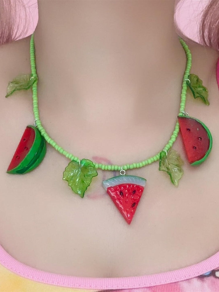 Leaf Y2K GreenRed Watermelon Pendant And Necklace