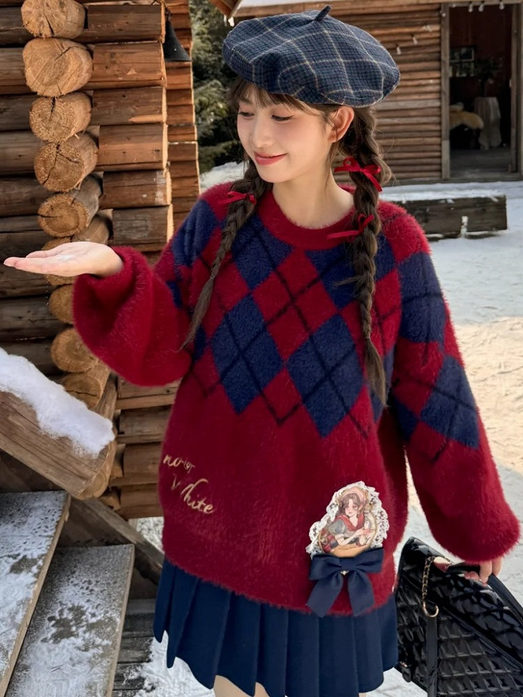 Schneewittchen-Prinzessin, roter Mohair-Pullover mit Rautenmuster