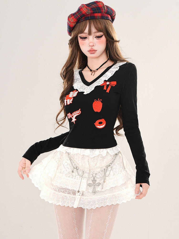 Haut slim noir/gris à col en V et bordure en dentelle