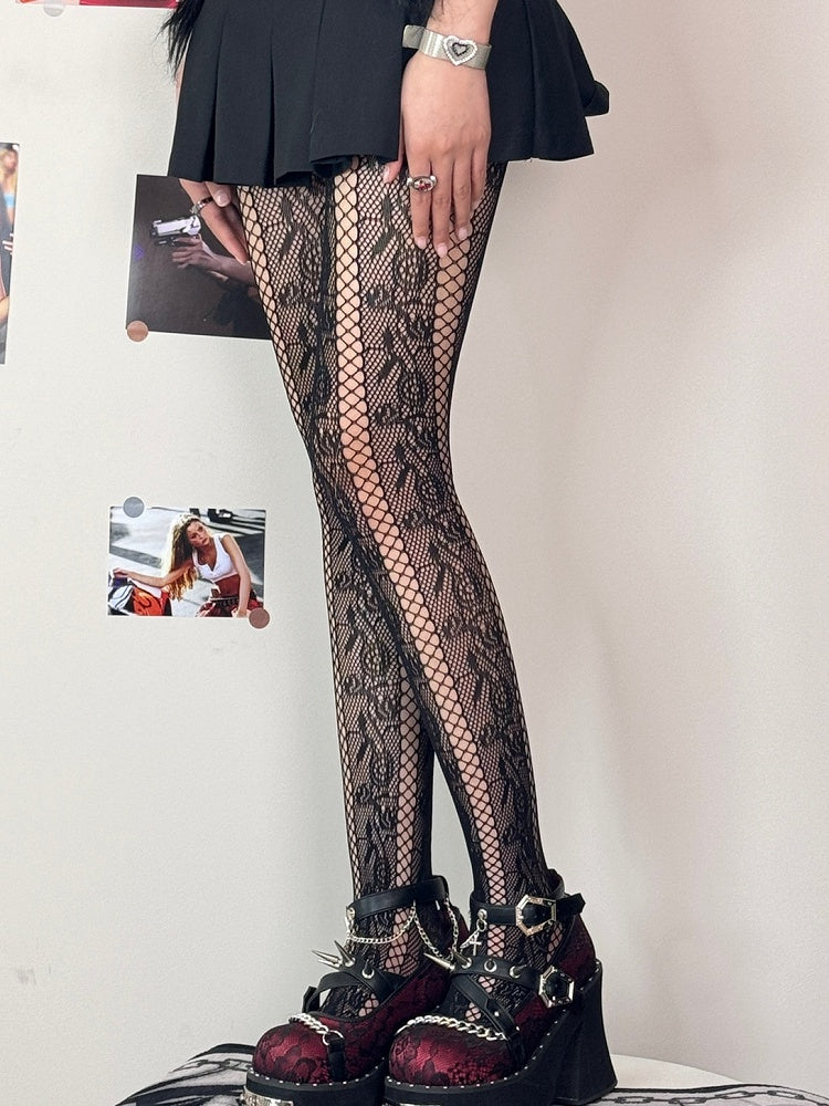 Tights Cut-out Rosette Black/White/Brown/Purple Y2K Design Pattern
