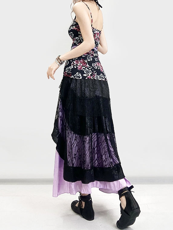 + Floral Top Halter Underskirt Cami Skirt Lace Set- Dress Holiday Neck Black Purple Bittersweet
