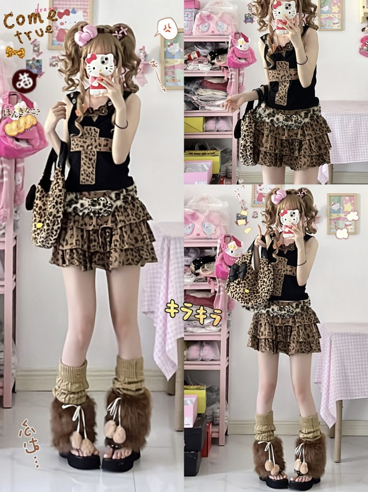 Y2K レオパード柄 ティアードスカート